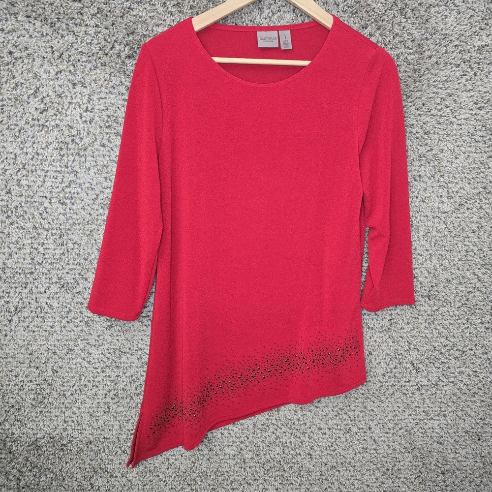 Chicos Easywear Top Womens 1 US Medium Red Scoop Neck Tunic Stretch Casual
